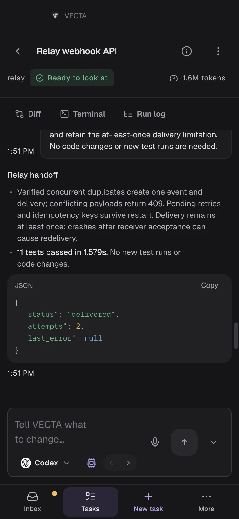 VECTA: the Relay webhook API task, agent conversation and verified changes.