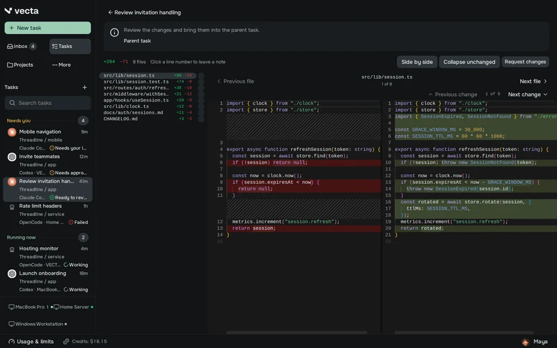 A Claude Code task in VECTA: eight changed files and a side-by-side diff with Request changes
